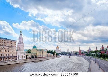 View Of The Kremlin Embankment On A Cloudy Day, Moscow, Russia