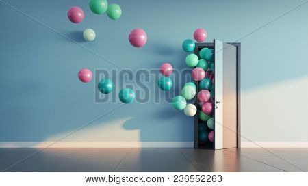 Balloons fly away through open door in office interior. 3D render