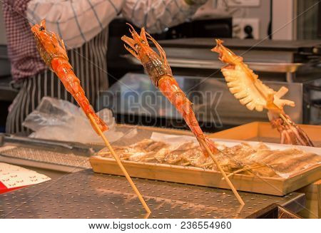 Grilled Shrimps And Squid On The Street Market