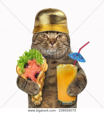 The Cat In A Golden Cap Holds A Glass Of Juice And The Smoked Salmon With Bubble Waffles. White Back