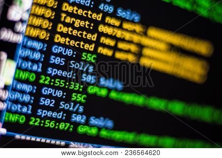 Mining Cryptocurrency Process Program On Display Pc. Using Software.