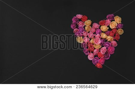 Fake Variety Of Roses Heart Shape Black Background. Copy Space. Love Concept.
