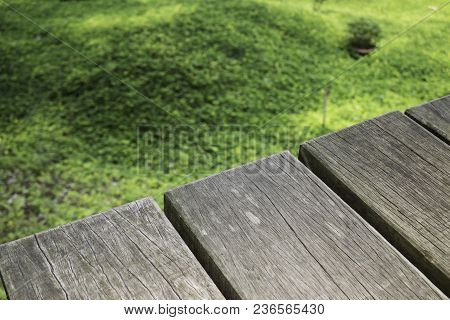 Yellow Little Flower On Green Grass With Wooden Background, Stock Photo