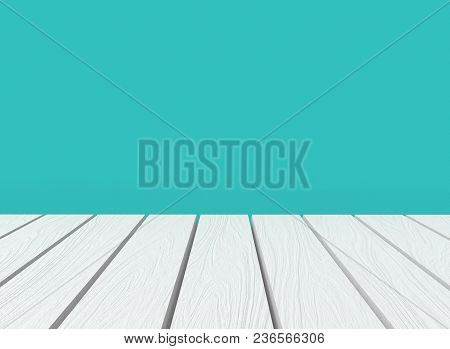 3d Rendering. Perspective View Of White Empty Space Wood Panels On Blue Cement Wall In Montage Style