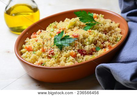 Delicious Vegetarian Couscous, Vegan Meal On Bright Background