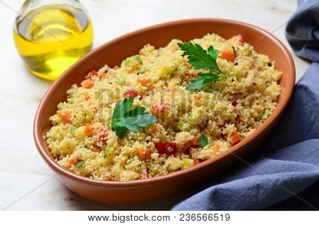 Delicious Vegetarian Couscous, Vegan Meal On Bright Background
