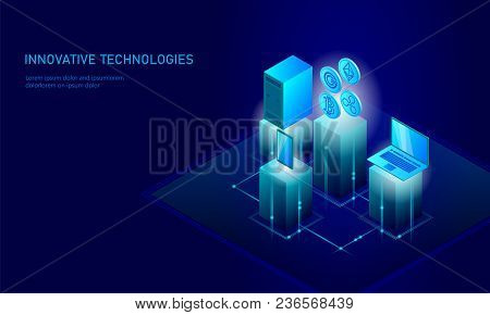 Isometric Internet Cryptocurrency Coin Business Concept. Blue Glowing Isometric Bitcoin Ethereum Rip