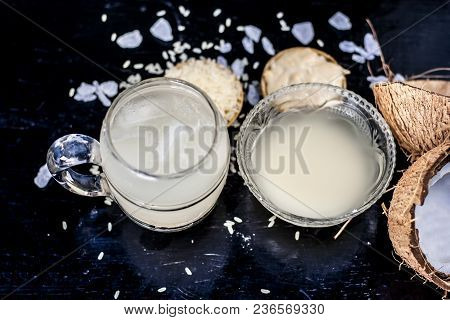 Close Up Of Famous Regional Drink Of India Apong Shrabat Or Tender Coconut Shrabat On Wooden Surface