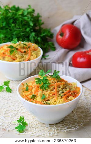 Vegetable Couscous On Bright Background, Vegan Meal