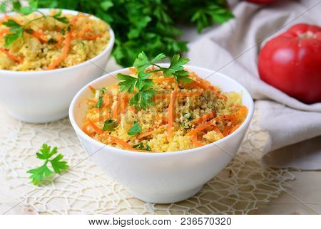 Vegetable Couscous On Bright Background, Vegan Meal