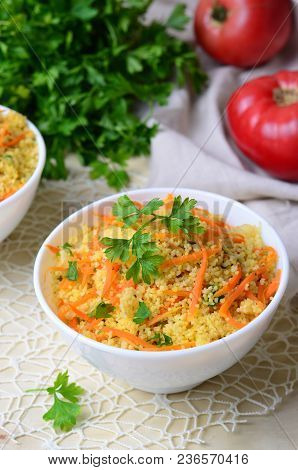 Vegetable Couscous On Bright Background, Vegan Meal