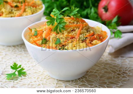Vegetable Couscous On Bright Background, Vegan Meal