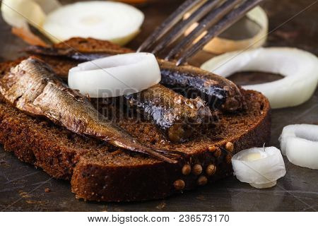 Canned Sprats In Tin Can With Rye Bread. On Rustic Background