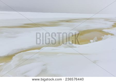 Winter Landscape. Composition Of Nature. Colored Frozen River Dniepro In Kiev, Ukraine.