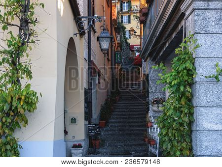 Bellagio, Italy - December 2017: Traditional Italian Street With Pebble Stairs At City Of Como Lake