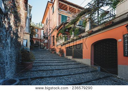 Bellagio, Italy - December 2017: Traditional Italian Street With Pebble Stairs At City Of Como Lake