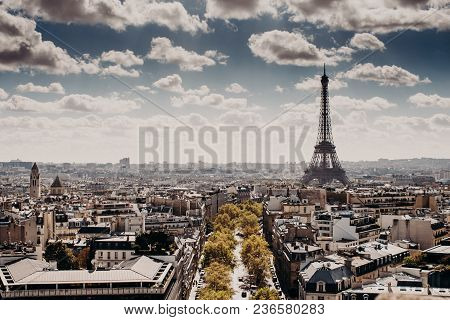 Panoramic View Of Capital Of France Paris With Eiffel Towel From Above, Beautiful Cityscape, Cloudy 