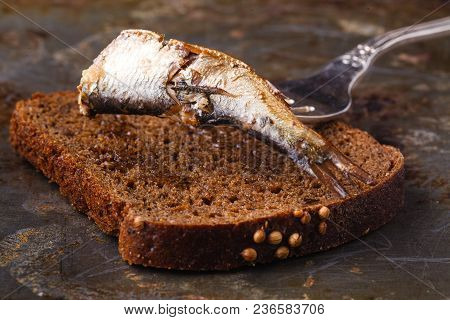 Canned Sprats In Tin Can With Rye Bread. On Rustic Background