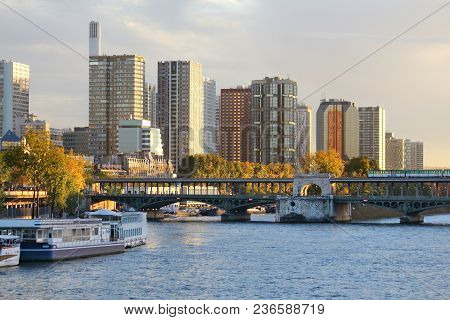 Grenelle Skyline, Paris. Sunset Light View With River Seine.