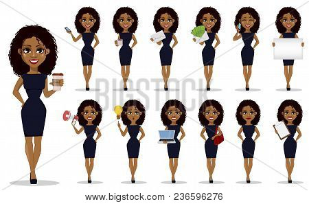 African American Business Woman Cartoon Character Set. Young Beautiful Businesswoman With Dark Hair 