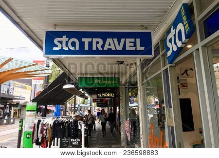 Melbourne, Australia: April 10, 2018: Street View Of A Sta Travel Shop On Acland Street In St Kilda.