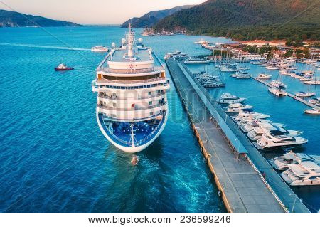 Aerial View Of Beautiful Large White Ship At Sunset