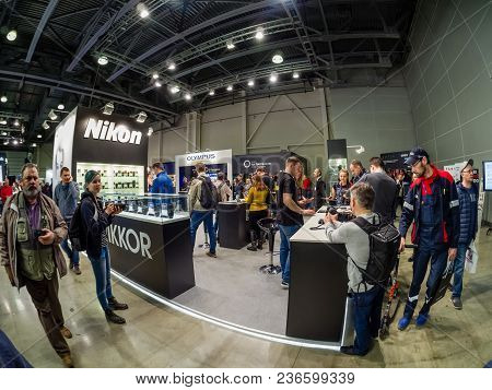 Moscow, Russia - April 13, 2018: Booth Of Nikon Company At Photoforum 2018 Trade Show And Exhibition