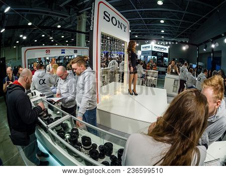 Moscow, Russia - April 13, 2018: Booth Of Sony Company At Photoforum 2018 Trade Show And Exhibition 