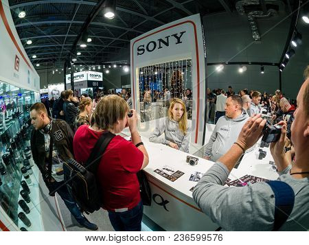 Moscow, Russia - April 13, 2018: Booth Of Sony Company At Photoforum 2018 Trade Show And Exhibition 