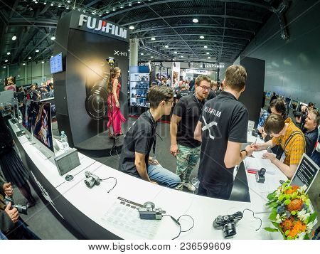 Moscow, Russia - April 13, 2018: Booth Of Fujifilm Company At Photoforum 2018 Trade Show And Exhibit
