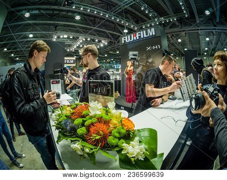Moscow, Russia - April 13, 2018: Booth Of Fujifilm Company At Photoforum 2018 Trade Show And Exhibit