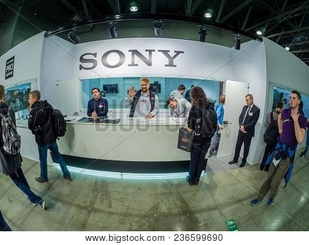 Moscow, Russia - April 13, 2018: Booth Of Sony Company Support Service At Photoforum 2018 Trade Show