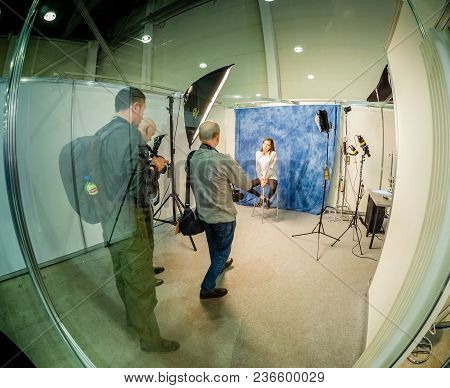 Moscow, Russia - April 13, 2018: Studio Area Inside The Booth Of Nikon Company At Photoforum 2018 Tr