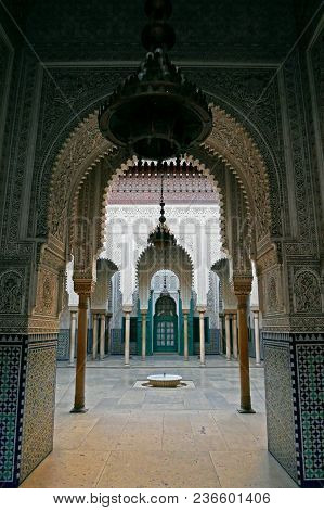 Casablanca, Morocco - April 3, 2018: Traditional Moroccan Architecture On Mahkama Du Pacha Palace In