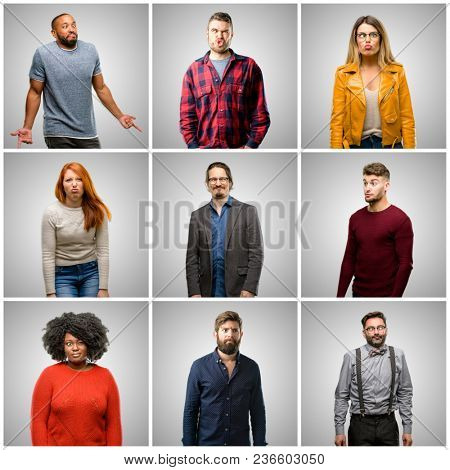 Group of mixed people, women and men making funny face fooling