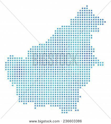 Snowflake Borneo Island Map. Vector Geographic Map In Blue Cold Colors. Vector Pattern Of Borneo Isl
