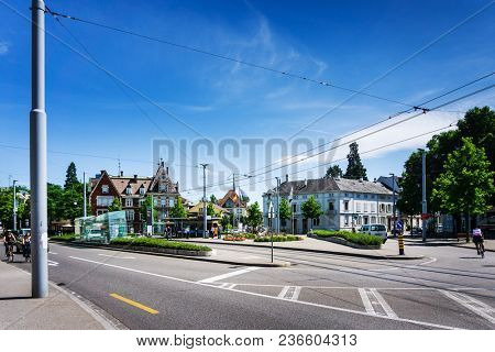 BASEL, SWITZERLAND - June 16, 2017: Street view of Basel cityscape, Switzerland