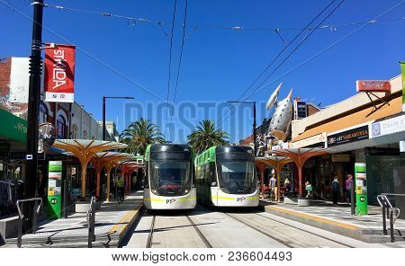 St Kilda, Melbourne, Australia: March 07, 2017: Two C2 Class Electric Trams Are At The Acland Street