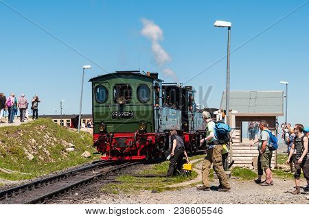 Brocken Germany - May 27. 2018: Vintage Steam Train At Brocken Train Station In Germany
