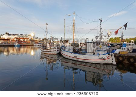 Grisslehamn, Sweden - Jul 08, 2017: Morning Light And Traditional Fishing Boats In The Small Harbor 