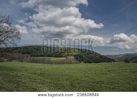 Pasture Land And Meadows Near Horni Slavkov Town In Spring Nice Day
