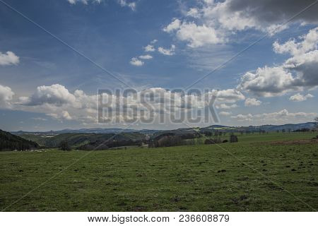 Pasture Land And Meadows Near Horni Slavkov Town In Spring Nice Day