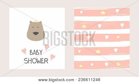Baby Shower Card. Cute Bear Vector Print. Vector Illustration.