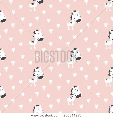 Seamless Pattern Wiht Cute Zebra On Pink Background. Vector Illustration.