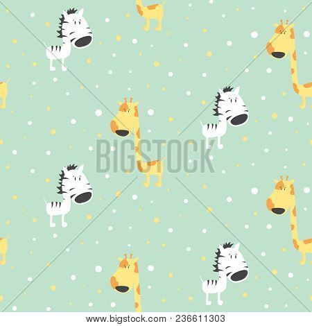 Seamless Pattern With Cute Giraffe And Zebra, Print For Kids. Vector Illustration.