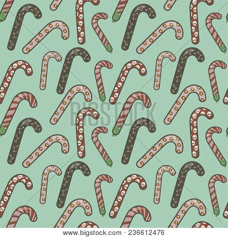 Colorful Sweet Delicious Candies Confectionery Red Cane Sticks On A Green Mint Background Vector Sea