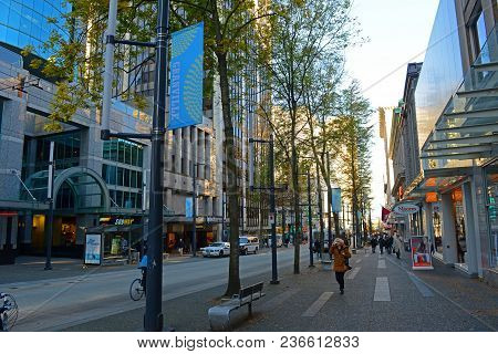 Vancouver - Nov 13, 2014: Modern Buildings On Granville Street Between Dunsmuir Street And Pender St