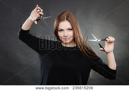 Professional Elegant Female Barber With Scissors.