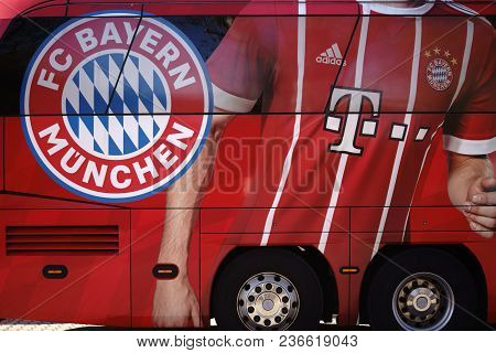 Frankfurt, Germany - April 07: The Coat Of Arms Of The Football Club Fc Bayern Munich On The Team Bu