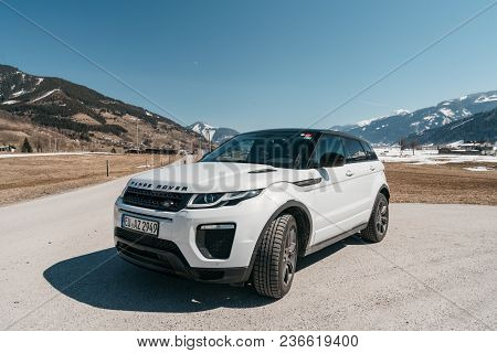 Austria, Alps - March 25, 2018: Latest Brand New White 2018 Range Rover Evoque. Beautiful Car Suv In